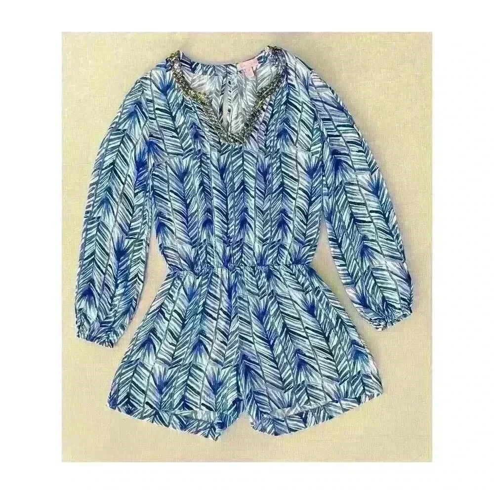 Lilly Pulitzer Sz XS Colby Romper Blue Palm Print Summer Vacation Travel Night - Picture 5 of 16